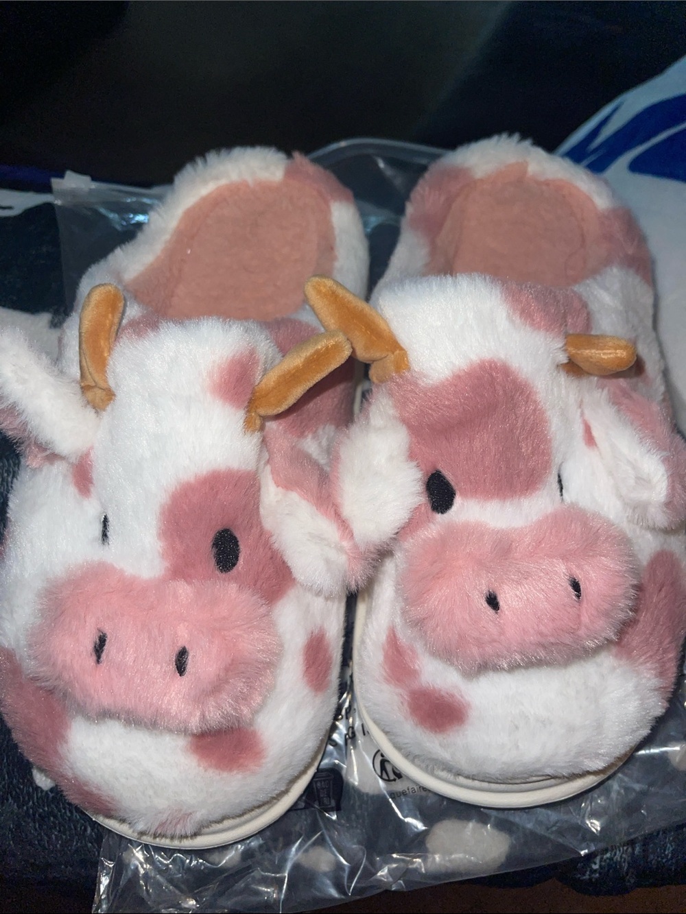 Plush Pink & White Cow Slippers